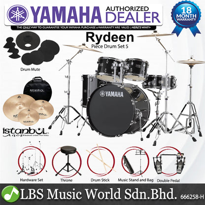 Yamaha Rydeen RDP2F5 5 Piece Acoustic Drum Set With Cymbal Package and Double Pedal - Black