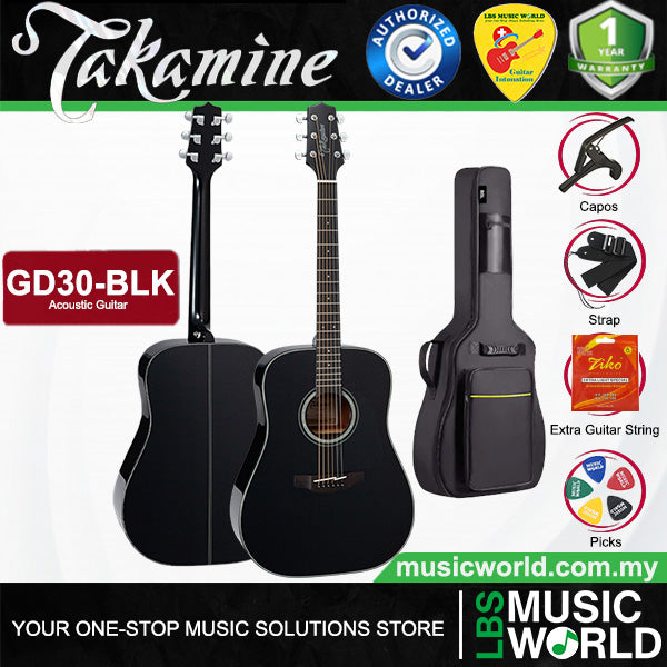 Takamine GD30-BLK Dreadnought Solid Spruce Top Acoustic Guitar with Bag - Black (GD30 BLK)