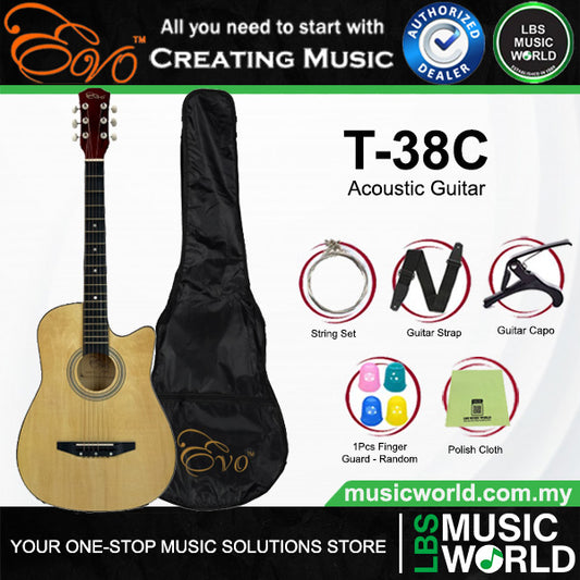 EVO T-38C Natural Acoustic Guitar 38 Inch Beginner Package