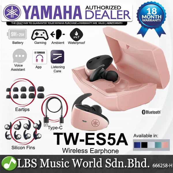 Yamaha TW-ES5A True Wireless Sports Earbuds Mic Microphone With Charging Case and IPX7 Waterproof (TWES5A TW ES5A)