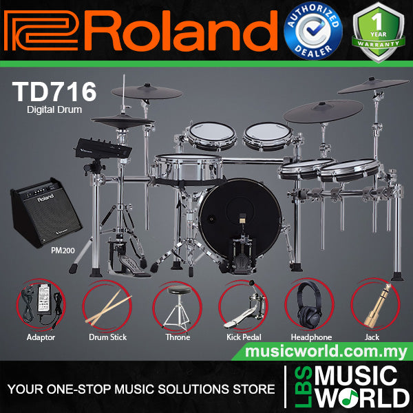Roland TD716 Digital Electronic V-Drums 7 Series Kit Set Package with Pedal and Amplifier