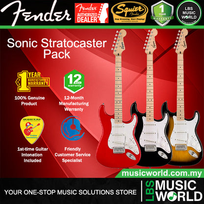 Squier Sonic Stratocaster Complete Pack with Gig Bag, 10G, Cable Strap and Picks - Bundle
