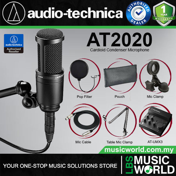 Audio Technica AT2020 Cardioid Medium Diaphragm Condenser Mic Microphone Full Bundle (AT 2020)