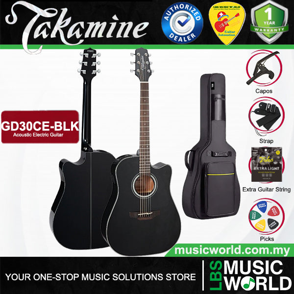 Takamine GD30CE-BLK Cutaway Dreadnought Solid Spruce Top Acoustic Electric Guitar with Bag - Black (GD30CE BLK)