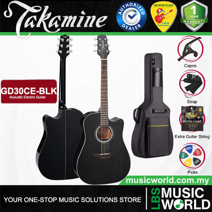 Takamine GD30CE-BLK Cutaway Dreadnought Solid Spruce Top Acoustic Electric Guitar with Bag - Black (GD30CE BLK)