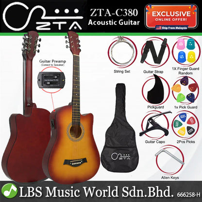 ZTA 38 Inch Acoustic Guitar Sunburst EQ Pickup Cutaway Starter Pack Folk Guitar Bundle With Plug In Amp Equalizer