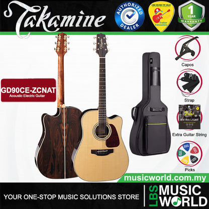 Takamine GD90CE-ZCNAT Dreadnought Cutaway Solid Spruce Top Acoustic Electric Guitar with Bag - Nature Gloss (GD90CE ZCNAT)