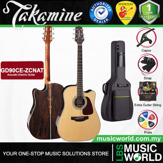 Takamine GD90CE-ZCNAT Dreadnought Cutaway Solid Spruce Top Acoustic Electric Guitar with Bag - Nature Gloss (GD90CE ZCNAT)