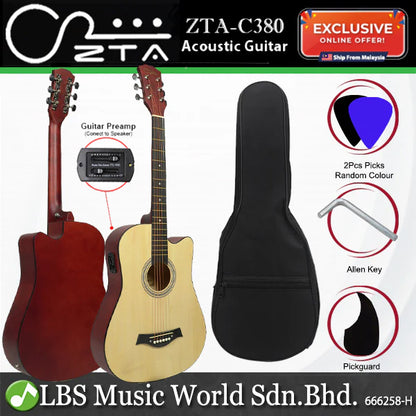 ZTA 38 Inch Acoustic Guitar Natural EQ Pickup Cutaway Starter Pack Folk Guitar Bundle With Plug In Amp Equalizer