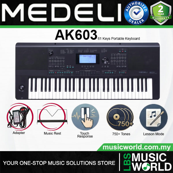 Medeli AK603 61 Keys Professional Arranger Workstation Keyboard with Complete Full Package - Black