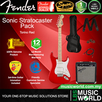 Squier Sonic Stratocaster Complete Pack with Gig Bag, 10G, Cable Strap and Picks - Bundle