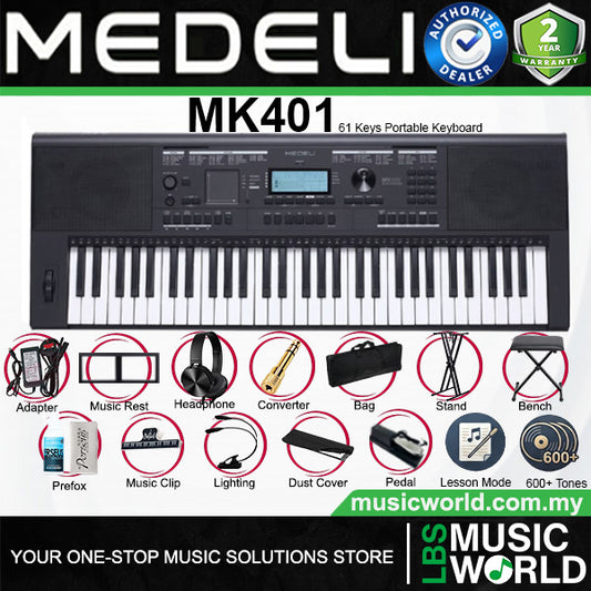 Medeli MK401 61 Keys Portable Keyboard Full Complete Package with Touch Response - Black