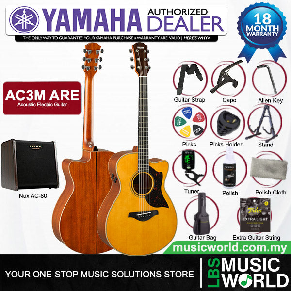 Yamaha AC3M ARE 41 Inch Concert Cutaway Solid Sitka Spruce Top Acoustic Electric Guitar With Pickup - Vintage Natural