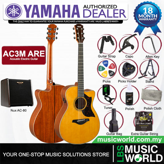 Yamaha AC3M ARE 41 Inch Concert Cutaway Solid Sitka Spruce Top Acoustic Electric Guitar With Pickup - Vintage Natural