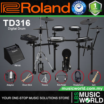 Roland TD316 Digital Electronic V Drum 3 Series Kit with Package and PM-100 Amplifier
