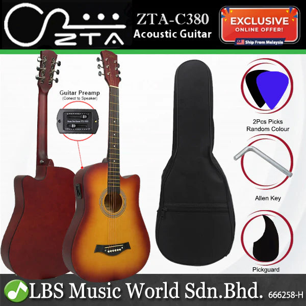 ZTA 38 Inch Acoustic Guitar Natural EQ Pickup Cutaway Starter Pack Folk Guitar Bundle With Plug In Amp Equalizer