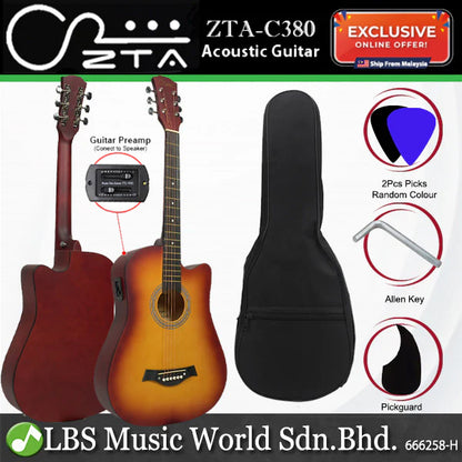 ZTA 38 Inch Acoustic Guitar Natural EQ Pickup Cutaway Starter Pack Folk Guitar Bundle With Plug In Amp Equalizer