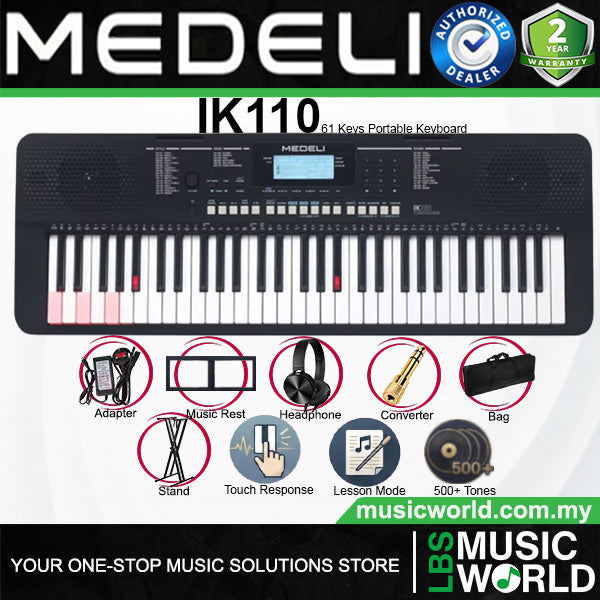 Medeli IK110 61 Keys Portable Keyboard Complete Package with Original Adapter - Black