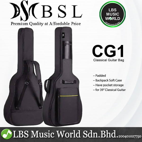 BSL CG1 39 inch Padded Backpack Soft Case Bag for Classical Guitar