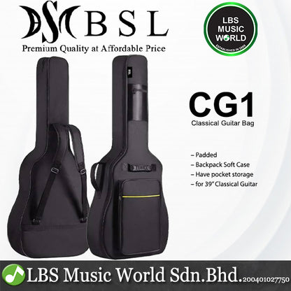 BSL CG1 39 inch Padded Backpack Soft Case Bag for Classical Guitar