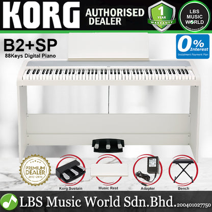 Korg B2+SP 88 Key Digital Piano Built In Speaker Package with Stand and Three Pedal White (B2 Plus)