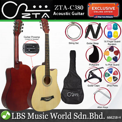 ZTA 38 Inch Acoustic Guitar Natural EQ Pickup Cutaway Starter Pack Folk Guitar Bundle With Plug In Amp Equalizer