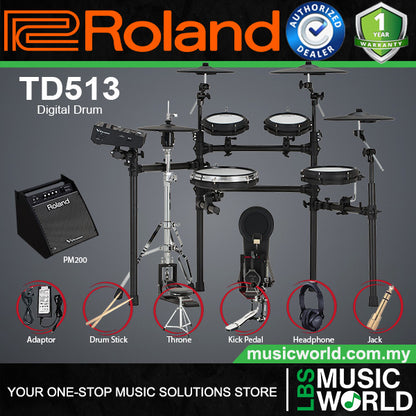 Roland TD513 Digital Electronic V-Drums Kit 5 Series Package with Expandable V51 Module