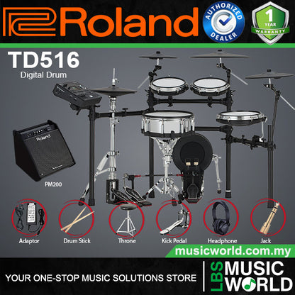Roland TD516 Digital Electronic V-Drums Kit Package with Amplifier and Expandable V51 Module