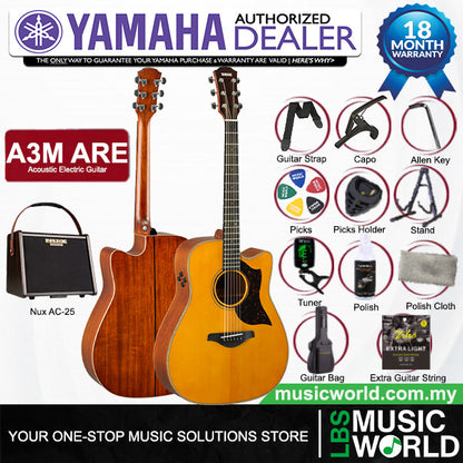 Yamaha A3M ARE 41 Inch Dreadnought Cutaway Solid Sitka Spruce Top Acoustic Electric Guitar - Vintage Natural