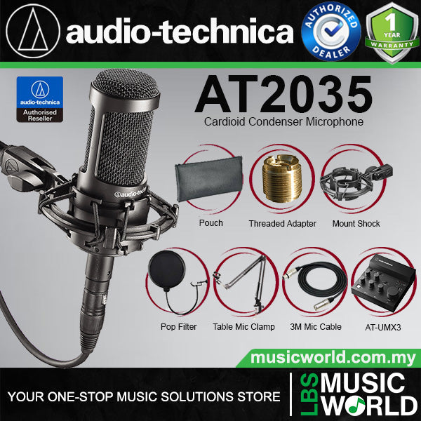 Audio Technica AT2035 Cardioid Condenser Microphone with Mic Clamp , Pop Filter & Cable (AT 2035)