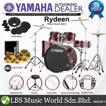 Yamaha Rydeen RDP2F5 5 Piece Acoustic Drum Set with Cymbal Package and Double Pedal - Burgandy