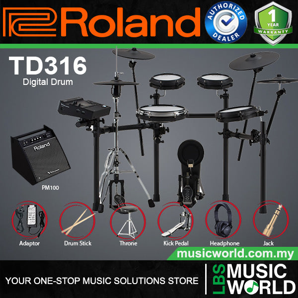 Roland TD316 Digital Electronic Compact V-Drums 3 Series Kit with Package and Amplifier
