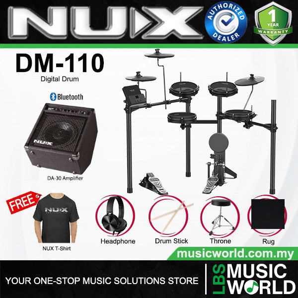 NUX DM-110 5 Piece Digital Electronic Drum Set with DA-30BT Monitor Speaker and Kick Pedal (DM110 DA30)