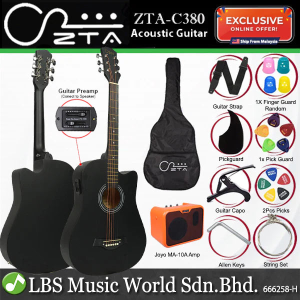 ZTA 38 Inch Acoustic Guitar Sunburst EQ Pickup Cutaway Starter Pack Folk Guitar Bundle With Plug In Amp Equalizer and MA10A Amplifier