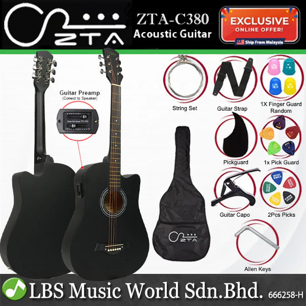 ZTA 38 Inch Acoustic Guitar Natural EQ Pickup Cutaway Starter Pack Folk Guitar Bundle With Plug In Amp Equalizer