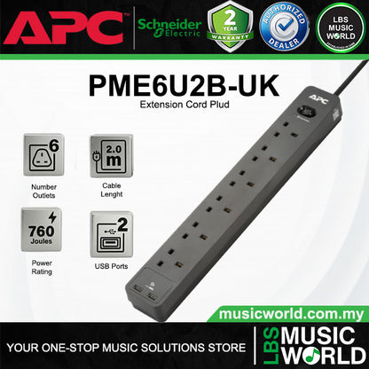 APC PME6U2B-UK Power Surge Protector 6 Way Extension Socket With 2 USB-A (PME6U2BUK)