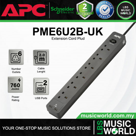 APC PME6U2B-UK Power Surge Protector 6 Way Extension Socket With 2 USB-A (PME6U2BUK)