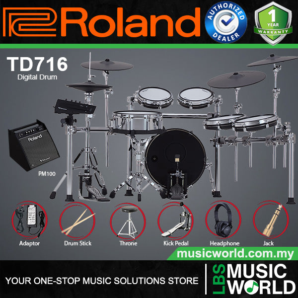 Roland TD716 Digital Electronic V-Drums 7 Series Kit Set Package with Pedal and Amplifier