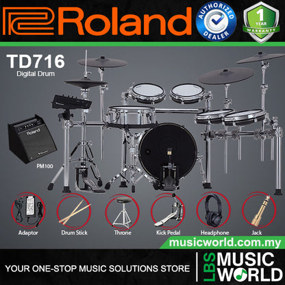 Roland TD716 Digital Electronic V-Drums 7 Series Kit Set Package with Pedal and Amplifier