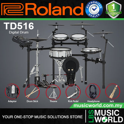 Roland TD516 Digital Electronic V-Drums Kit Package with Amplifier and Expandable V51 Module
