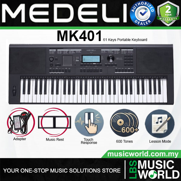 Medeli MK401 61 Keys Portable Keyboard Full Complete Package with Touch Response - Black