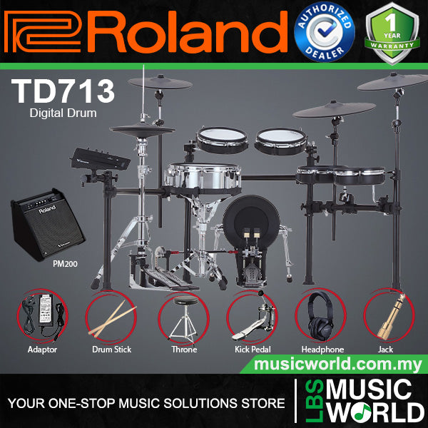 Roland TD713 Digital Electronic V-Drums 7 Series Kit Package with Studio Monitor Amplifier