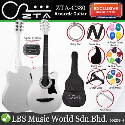 ZTA 38 Inch Acoustic Guitar Natural EQ Pickup Cutaway Starter Pack Folk Guitar Bundle With Plug In Amp Equalizer