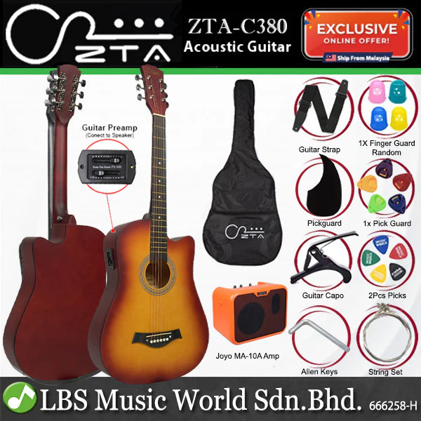 ZTA 38 Inch Acoustic Guitar Sunburst EQ Pickup Cutaway Starter Pack Folk Guitar Bundle With Plug In Amp Equalizer and MA10A Amplifier