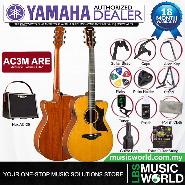 Yamaha AC3M ARE 41 Inch Concert Cutaway Solid Sitka Spruce Top Acoustic Electric Guitar With Pickup - Vintage Natural