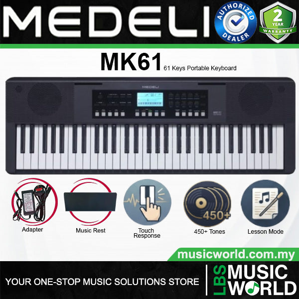 Medeli MK61 61 Keys Portable Keyboard Complete Package with Original Adapter - Black