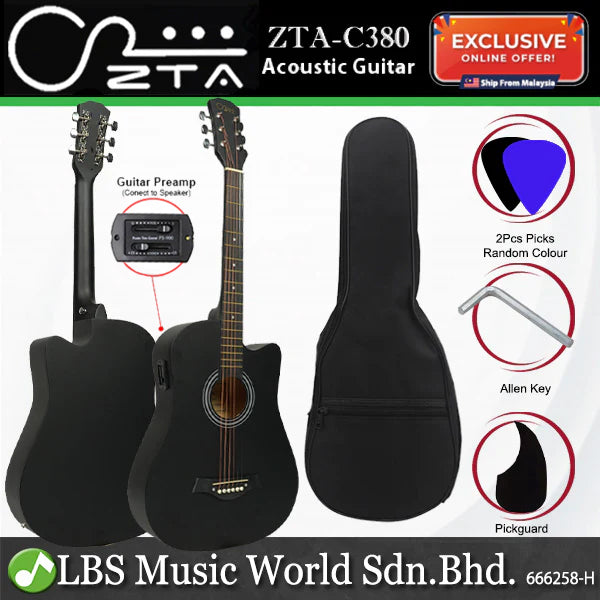 ZTA 38 Inch Acoustic Guitar Black EQ Pickup Cutaway Starter Pack Folk Guitar Bundle With Plug In Amp Equalizer