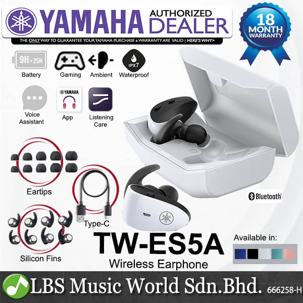 Yamaha TW-ES5A True Wireless Sports Earbuds Mic Microphone With Charging Case and IPX7 Waterproof (TWES5A TW ES5A)
