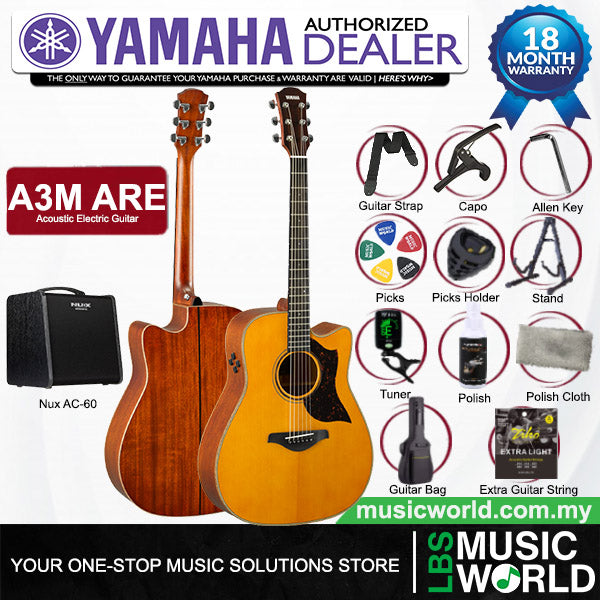 Yamaha A3M ARE 41 Inch Dreadnought Cutaway Solid Sitka Spruce Top Acoustic Electric Guitar - Vintage Natural
