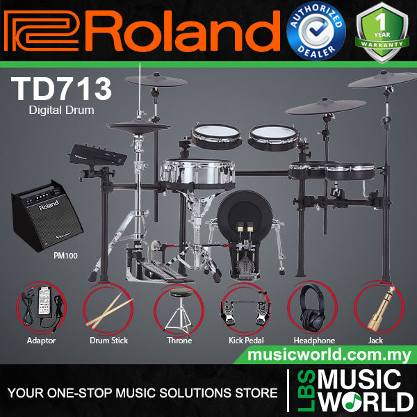Roland TD713 Digital Electronic V-Drums 7 Series Kit Package with Studio Monitor Amplifier
